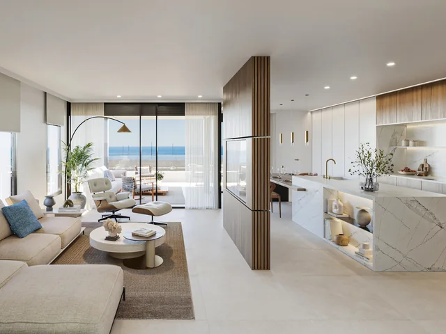 Salón y cocina de una vivienda de Terrazas del Puerto